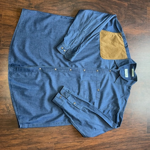 Orvis Classic Blue Cotton Button down long sleeve Shirt with suede patch XXL - Picture 7 of 11